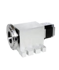 Gnarly Heavy Duty Fourth Axis Rotary Dividing Head With 57 Motor And Adjustable Jaw Chuck For Cnc Routers close-up view of aluminum head and motor.