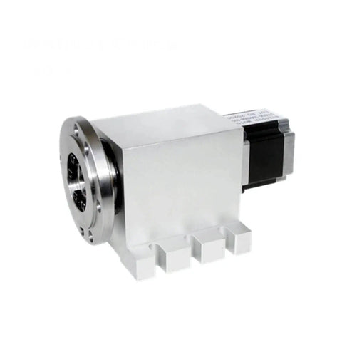 Top Shelf Fourth Axis Rotary Dividing Head Featuring Slick Retarder Drive And Killer Precision Jaw Chucks For Cnc Router Machines Straight Up Milling Beast Upgrade, silver metal design with motor.