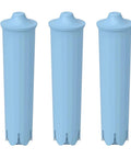 Three light blue water filters for coffee makers, designed for Premium Replacement Coffee Maker Water Filter Softens Hard Water For Smoother Sips And Big Time Brew Flavor Universal Fit Standard Drip Machines Top Shelf Quality Built Tough.