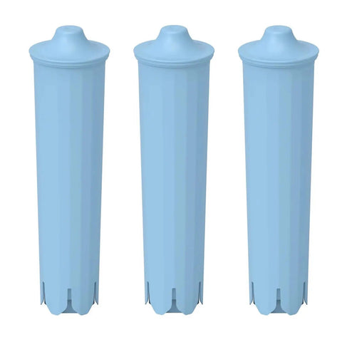 Three light blue water filters for coffee makers, designed for Premium Replacement Coffee Maker Water Filter Softens Hard Water For Smoother Sips And Big Time Brew Flavor Universal Fit Standard Drip Machines Top Shelf Quality Built Tough.