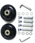 Premium Silent Rubber Luggage Wheels Replacement Casters with heavy duty bearings, includes two black wheels and axle kit.