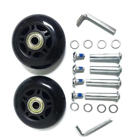 Premium Silent Rubber Luggage Wheels Replacement Casters with heavy duty bearings, includes two black wheels and axle kit.