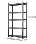 5 Tier Heavy Duty Metal Shelving Rack With Quick Height Adjustment That Handles Mega Loads Up To 2000 Pounds Hassle Free Storage Flex For Compact Garages Kitchens Homes And Warehouses, black steel construction, sizes 160/183/198cm.