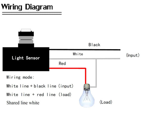 Wiring diagram for Outdoor Photocell Light Sensor Switch For Dusk To Dawn Auto On Off with input and load details.