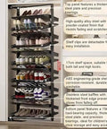 Slick Pull Out Shoe Rack With 16 Tier Metal Shelf Adjustable Stackable Closet Organizer Space Saving Entryway Storage Setup For Tight Rooms And Mudrooms, displaying 16 tiers of shoes in a compact organizer.