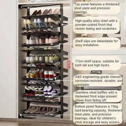 Slick Pull Out Shoe Rack With 16 Tier Metal Shelf Adjustable Stackable Closet Organizer Space Saving Entryway Storage Setup For Tight Rooms And Mudrooms, displaying 16 tiers of shoes in a compact organizer.