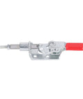 Pro Grade Push Pull Toggle Clamp Featuring Rock Solid Eighty Eight Pound Holding Force And Lightning Fast Sixteen Point Four Millimeter Stroke For Heavy Duty Garage Jigs And Metal Shop Fixtures, with red handle and stainless steel finish.