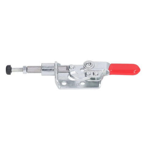 Pro Grade Push Pull Toggle Clamp Featuring Rock Solid Eighty Eight Pound Holding Force And Lightning Fast Sixteen Point Four Millimeter Stroke For Heavy Duty Garage Jigs And Metal Shop Fixtures, with red handle and stainless steel finish.