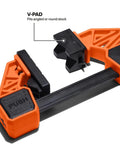 Close-up of Speed Klamp Bar Clamp Set 6 Inch And 12 Inch 4 Pack with 150 Pound Clamping Force showing V-PAD feature for angled stock.