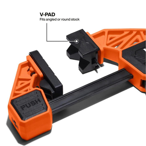 Close-up of Speed Klamp Bar Clamp Set 6 Inch And 12 Inch 4 Pack with 150 Pound Clamping Force showing V-PAD feature for angled stock.