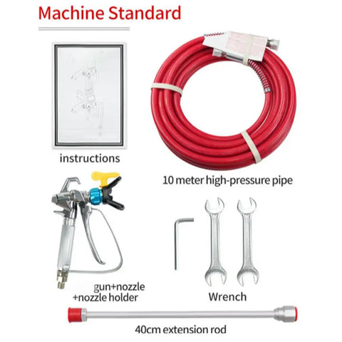 Components of Heavy Duty 950W Airless Electric Paint Sprayer including 10m high-pressure hose and extension rod.