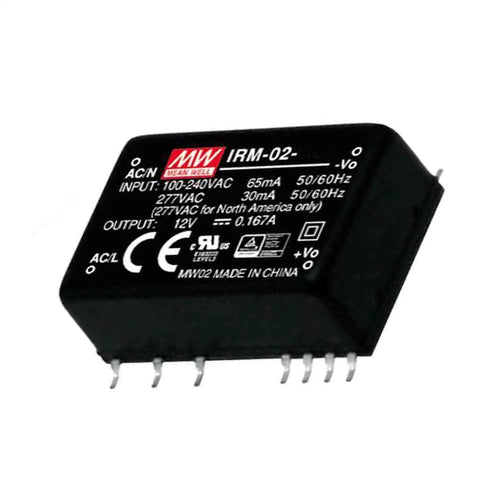 Ultra Compact 24V AC DC Power Supply 2W PC Board Mount with 12V output and input range of 100-240VAC for compact setups.