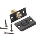 12 Piece Door Ball Catch Latch Kit Featuring Solid Copper And Stainless Steel Construction For Hidden Cabinet Toilet Bathroom Cupboard Lock Hardware With Adjustable Elastic Clamp Mechanism You Know It Fits Like A Charm, showing a black ball catch latch and screws.
