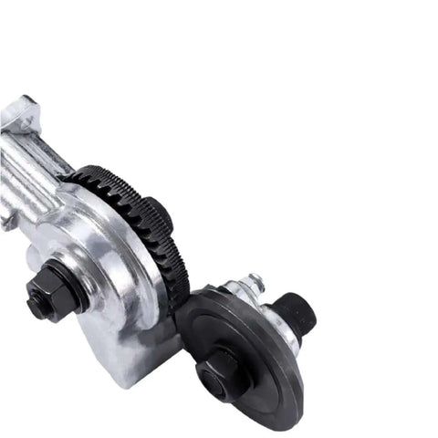 Close-up of Electric Drill Metal Shear Conversion Tool Plate Cutter Attachment for thin sheet metal, steel, aluminum, 43mm disc.