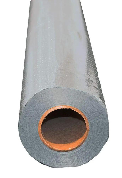 Premium Radiant Barrier Insulation Foil Roll Covers 1000 Square Feet Four Feet Wide, showing the roll's perforated tear-proof surface.