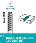 Diagram of 1/8-inch Tungsten Carbide Cutter Bit for metal, glass, stone engraving, hardwood rotary tool use shown with size details.