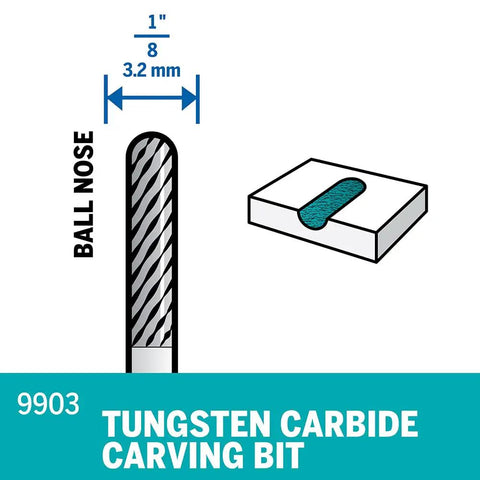 Diagram of 1/8-inch Tungsten Carbide Cutter Bit for metal, glass, stone engraving, hardwood rotary tool use shown with size details.