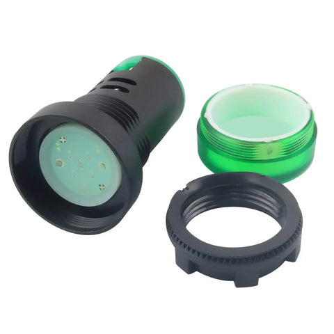 Close-up of 10 Piece Multi Color Indicator Lights For 110V AC DC 22mm Panel Mount Workhorse with green lens and screw clamp