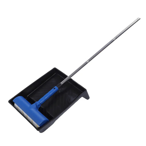Pro Grade Telescoping Paint Roller Kit With Heavy Duty Stainless Steel Extension Pole Conquer High Ceilings And Tall Walls Without A Ladder Straight Up Project Essential with blue roller and paint tray.