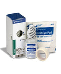 Front view of First Aid Only 4-Piece Eye Wash Kit with oval eye pads, tape, and eyewash bottle