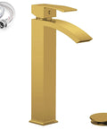 Brushed Gold Vessel Sink Faucet With Waterfall Design Tall Spout Single Handle Single Hole DIY Friendly Installation Pop Up Drain Without Overflow Durable Bathroom Basin Faucet Supply Line