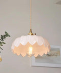 Flower Glass Pendant Light, Ceiling Colorful Lamp, Modern Farmhouse Fixture, White 9.8in shade with gold hardware, ideal for dining areas.