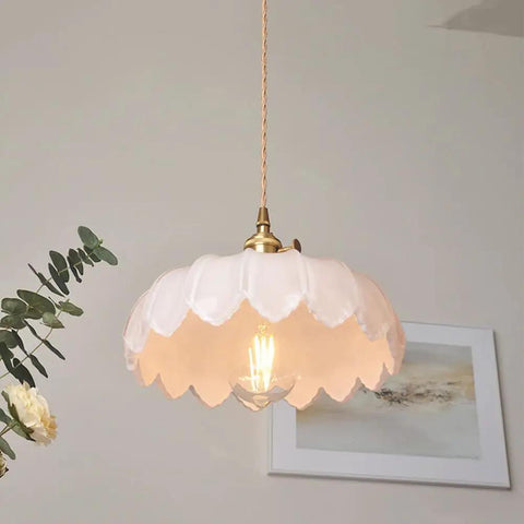 Flower Glass Pendant Light, Ceiling Colorful Lamp, Modern Farmhouse Fixture, White 9.8in shade with gold hardware, ideal for dining areas.