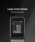 Close-up of No Sweat Laser Distance Meter With Straight Up Plus Or Minus Two Millimeter Accuracy Up To 165 Feet display with measurements.