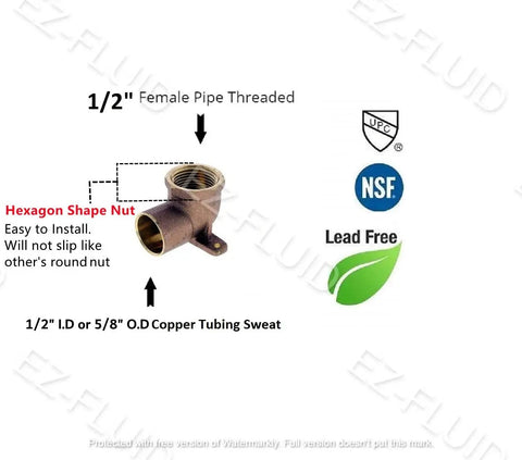 Lead Free Brass Heavy Duty Drop Ear 90 Degree Elbow Fitting One Half Inch Copper Sweat To One Half Inch Female Threaded Socket Plumbing Fittings Pack Of Ten For Commercial And Residential Shower And Pipe Runs with hexagon shape nut