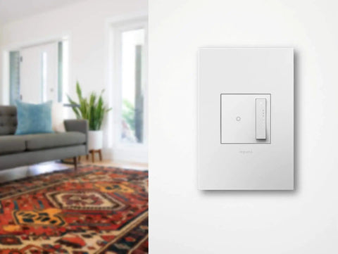 Tru-Universal Dimmer Switch 450W for LED, Incandescent, Halogen, Fluorescent, CFL, in living room setting, wall plate included