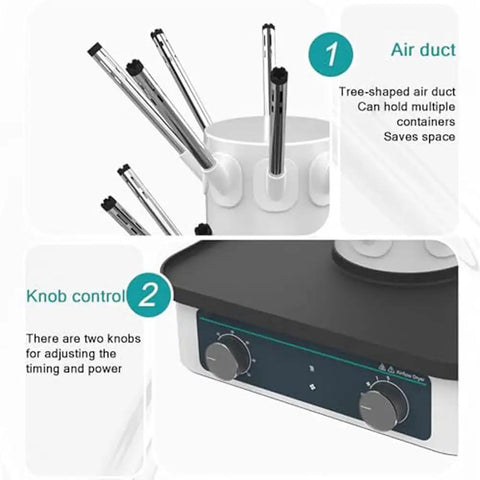 Premium Lab Airflow Dryer Rack With 12 Holes And Tree Branch Duct Design For Efficient Glassware Drying showing air duct and knob controls.
