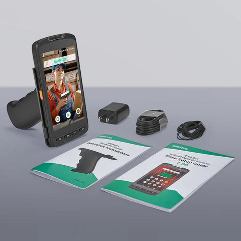 Rugged Android 11 Handheld Barcode Scanner with Pistol Grip, accessories included, showcasing manuals and charging cable.
