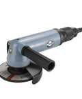 Badass 4 Inch Pneumatic Angle Grinder Featuring Stepless Speed Control And Smooth Front Exhaust Venting For Rock Solid Metal Polishing Sanding And Heavy Duty Workshop Projects, showing the grinder at an angle.
