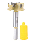 35mm hinge boring bit with 9mm hex shank and 3-flute cutter on metal shaft; yellow cap beside
