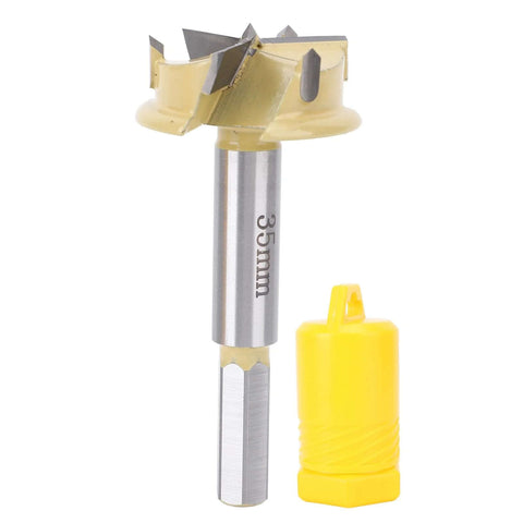 35mm hinge boring bit with 9mm hex shank and 3-flute cutter on metal shaft; yellow cap beside