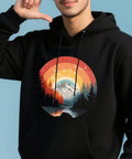 Individual wearing black hoodie with Dope Retro Mountain Iron On Patches Set 4 Colorful Forest Themed Heat Transfer Stickers