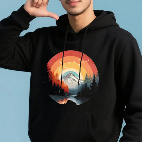 Individual wearing black hoodie with Dope Retro Mountain Iron On Patches Set 4 Colorful Forest Themed Heat Transfer Stickers