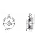 Electromagnetic brake technical drawing: front view and cross-section for DC99V loss-of-power brake.