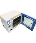 Intbuying 1 Point 9 Cubic Foot Vacuum Drying Oven With LCD Screen showing interior shelves, compact design, adjustable door.