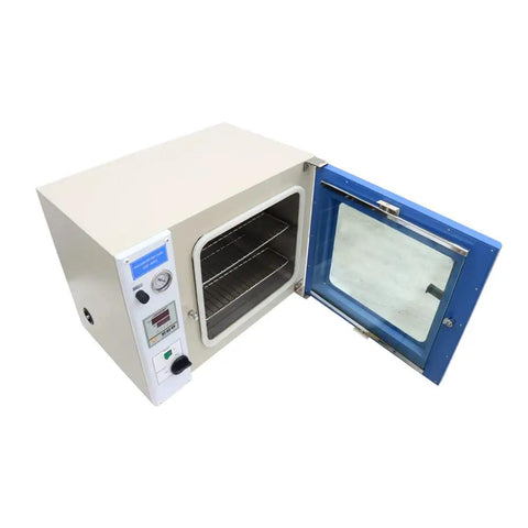 Intbuying 1 Point 9 Cubic Foot Vacuum Drying Oven With LCD Screen showing interior shelves, compact design, adjustable door.