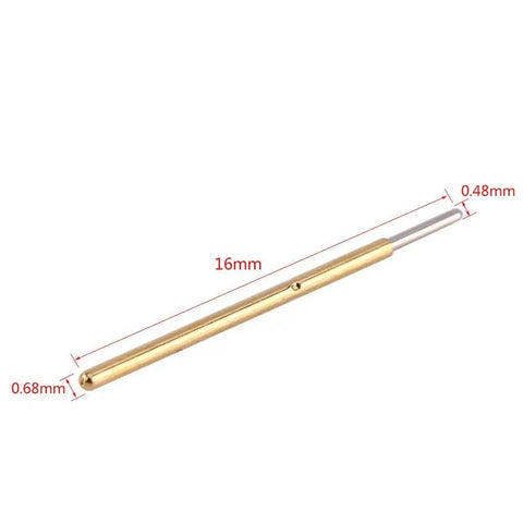Close-up of a 16mm length spring test probe with a round head, 0.68mm diameter, used in PCB testing for quick prototyping and repair.