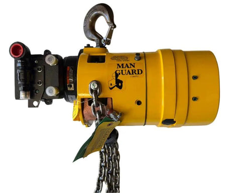 Front view of yellow Man Guard air hoist with hook and steel chain, industrial pneumatic hoist