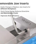 Removable jaw inserts on Hardcore Shop Beast 8 Inch Milling Vise for easy replacement; enhances work efficiency and reduces downtime.