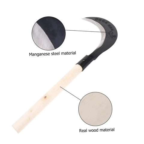 Long Handle Manganese Steel Hand Scythe For Weeding And Gardening With A Comfy Grip Balanced For One Hand Use shown with materials
