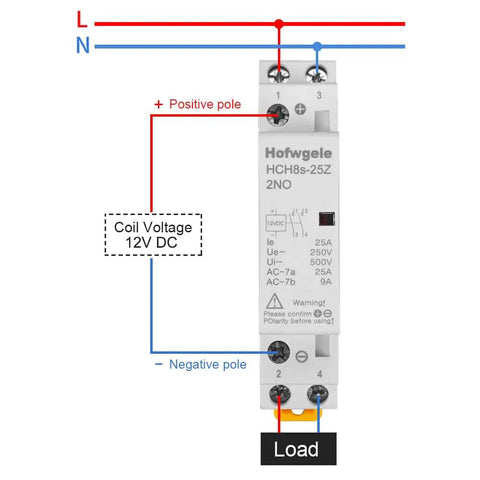 Diagram of 12V DC Contactor 25A 2 Pole With 2 NO Contacts DIN Rail Mount 35mm DIY Ready For Home Power Control showing wiring connections.