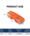Lever Wire Connectors Two Port Splicing Terminal Blocks, orange, size specifications, for AWG 24-13 wiring, compact design.