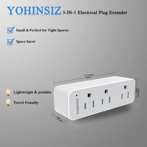 2-Pack Triple Outlet Plug Extender For Travel, Home, And Office, 3 Prong Grounded Outlet Splitter Expander, Fireproof Shell