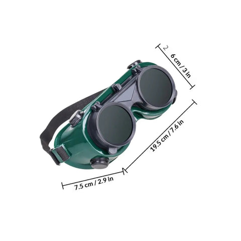 Pro Grade Flip Up Welding Safety Glasses With Anti Glare Polycarbonate Lens And Ventilated Shield shown from the side with dimensions.