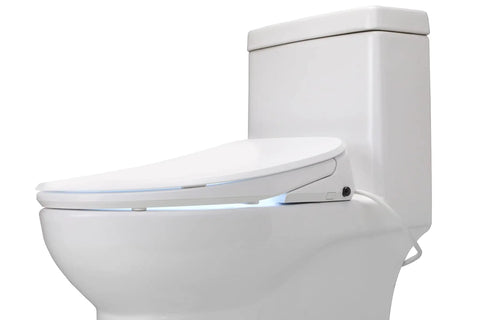 Top Shelf Elongated Bidet Toilet Seat In Crisp White With An Ultra Low Profile Setup and built-in dryer visible.