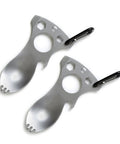 Pair of Multifunction Camping Spoon Fork Tool With Bottle Opener And Wrenches, Stainless Steel 3Cr13, for outdoor use.